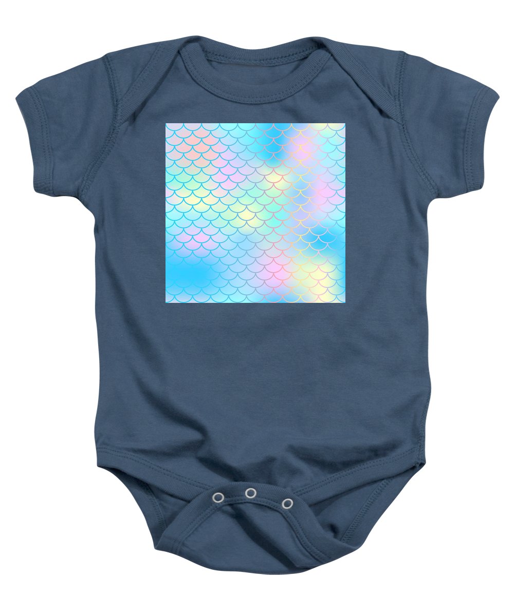 Magic mermaid tail background. Colorful seamless pattern with fish scale net. Blue pink mermaid skin surface. - Baby Onesie