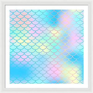 Magic mermaid tail background. Colorful seamless pattern with fish scale net. Blue pink mermaid skin surface. - Framed Print