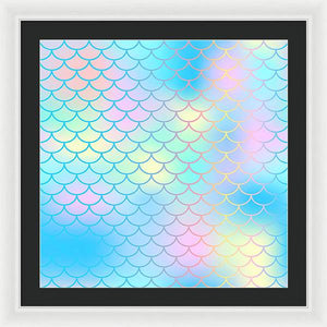 Magic mermaid tail background. Colorful seamless pattern with fish scale net. Blue pink mermaid skin surface. - Framed Print