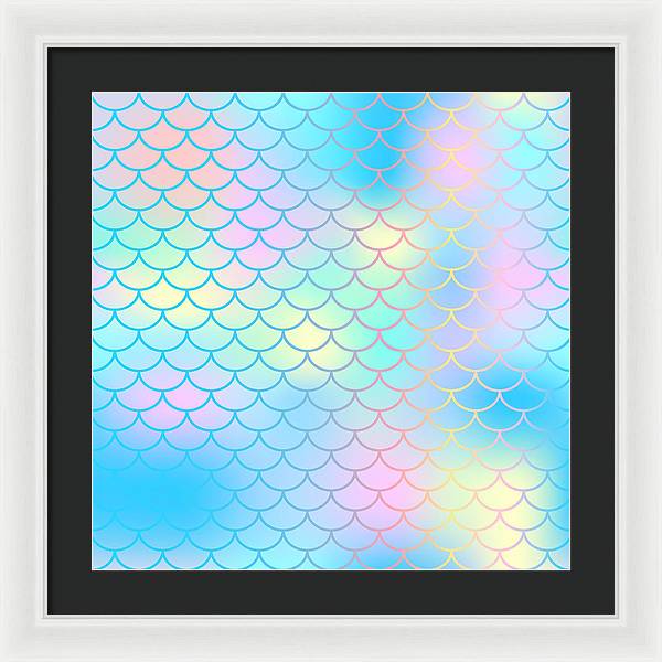 Magic mermaid tail background. Colorful seamless pattern with fish scale net. Blue pink mermaid skin surface. - Framed Print