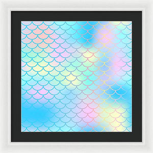Magic mermaid tail background. Colorful seamless pattern with fish scale net. Blue pink mermaid skin surface. - Framed Print
