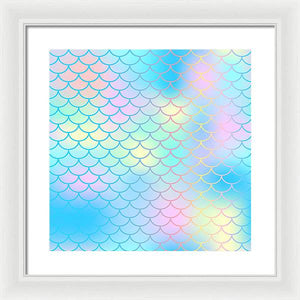 Magic mermaid tail background. Colorful seamless pattern with fish scale net. Blue pink mermaid skin surface. - Framed Print
