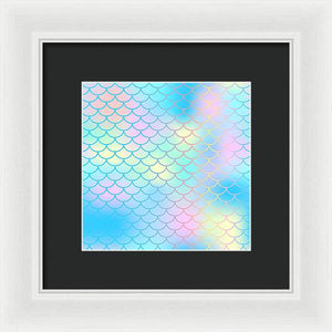 Magic mermaid tail background. Colorful seamless pattern with fish scale net. Blue pink mermaid skin surface. - Framed Print