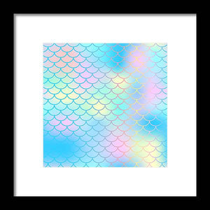 Magic mermaid tail background. Colorful seamless pattern with fish scale net. Blue pink mermaid skin surface. - Framed Print