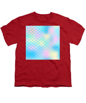 Magic mermaid tail background. Colorful seamless pattern with fish scale net. Blue pink mermaid skin surface. - Youth T-Shirt