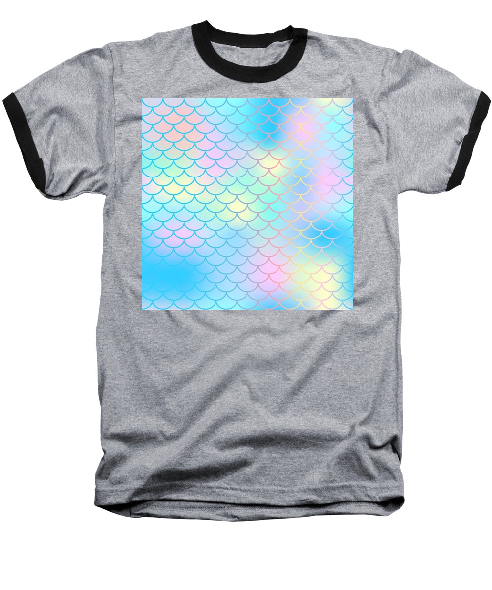 Magic mermaid tail background. Colorful seamless pattern with fish scale net. Blue pink mermaid skin surface. - Baseball T-Shirt
