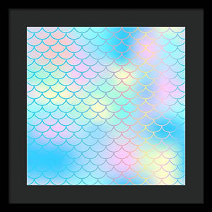 Magic mermaid tail background. Colorful seamless pattern with fish scale net. Blue pink mermaid skin surface. - Framed Print