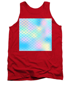 Magic mermaid tail background. Colorful seamless pattern with fish scale net. Blue pink mermaid skin surface. - Tank Top