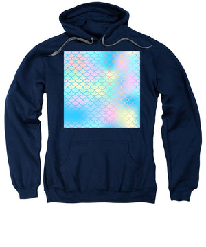 Magic mermaid tail background. Colorful seamless pattern with fish scale net. Blue pink mermaid skin surface. - Sweatshirt