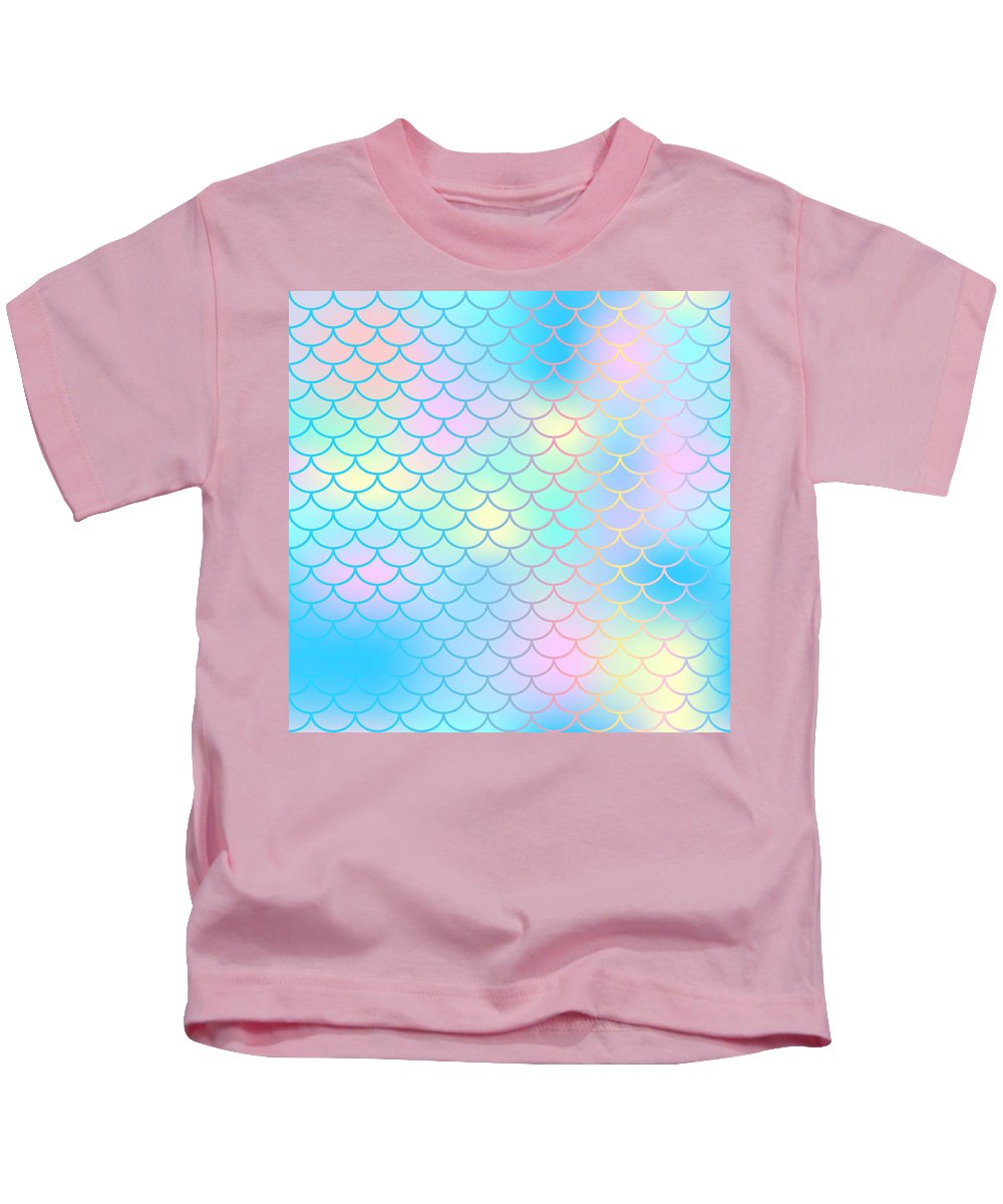 Magic mermaid tail background. Colorful seamless pattern with fish scale net. Blue pink mermaid skin surface. - Kids T-Shirt