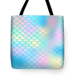Magic mermaid tail background. Colorful seamless pattern with fish scale net. Blue pink mermaid skin surface. - Tote Bag