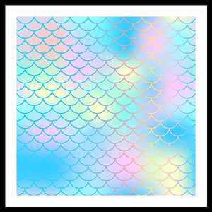 Magic mermaid tail background. Colorful seamless pattern with fish scale net. Blue pink mermaid skin surface. - Framed Print