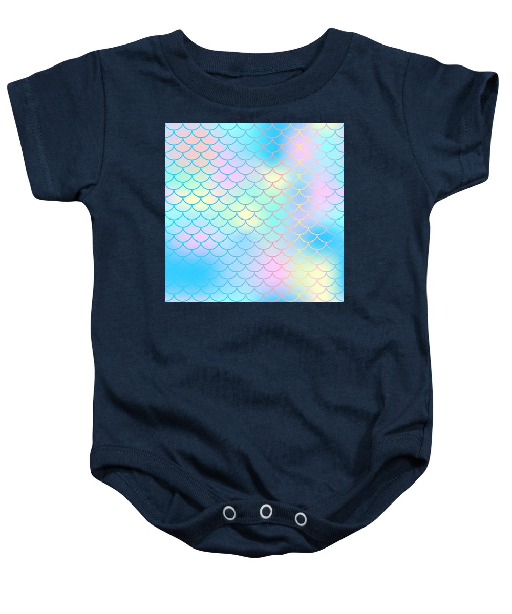 Magic mermaid tail background. Colorful seamless pattern with fish scale net. Blue pink mermaid skin surface. - Baby Onesie