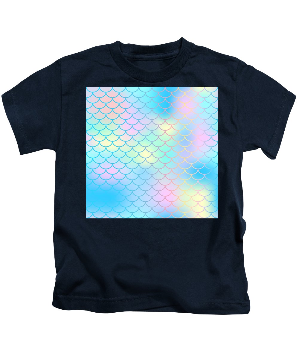 Magic mermaid tail background. Colorful seamless pattern with fish scale net. Blue pink mermaid skin surface. - Kids T-Shirt