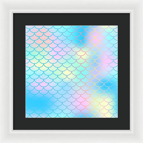 Magic mermaid tail background. Colorful seamless pattern with fish scale net. Blue pink mermaid skin surface. - Framed Print