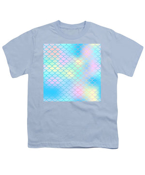 Magic mermaid tail background. Colorful seamless pattern with fish scale net. Blue pink mermaid skin surface. - Youth T-Shirt
