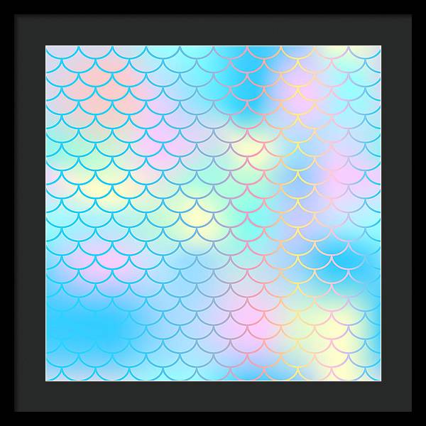 Magic mermaid tail background. Colorful seamless pattern with fish scale net. Blue pink mermaid skin surface. - Framed Print