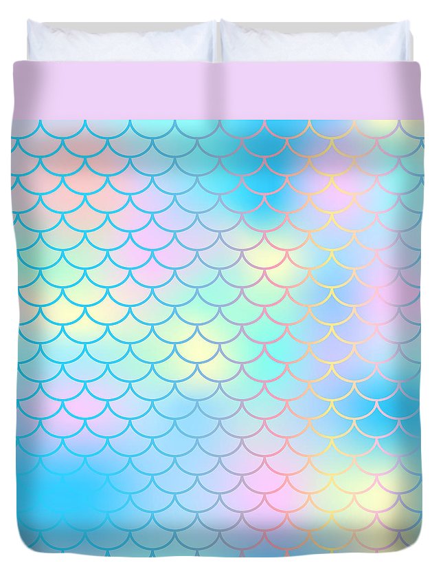 Magic mermaid tail background. Colorful seamless pattern with fish scale net. Blue pink mermaid skin surface. - Duvet Cover