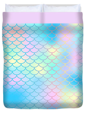 Magic mermaid tail background. Colorful seamless pattern with fish scale net. Blue pink mermaid skin surface. - Duvet Cover