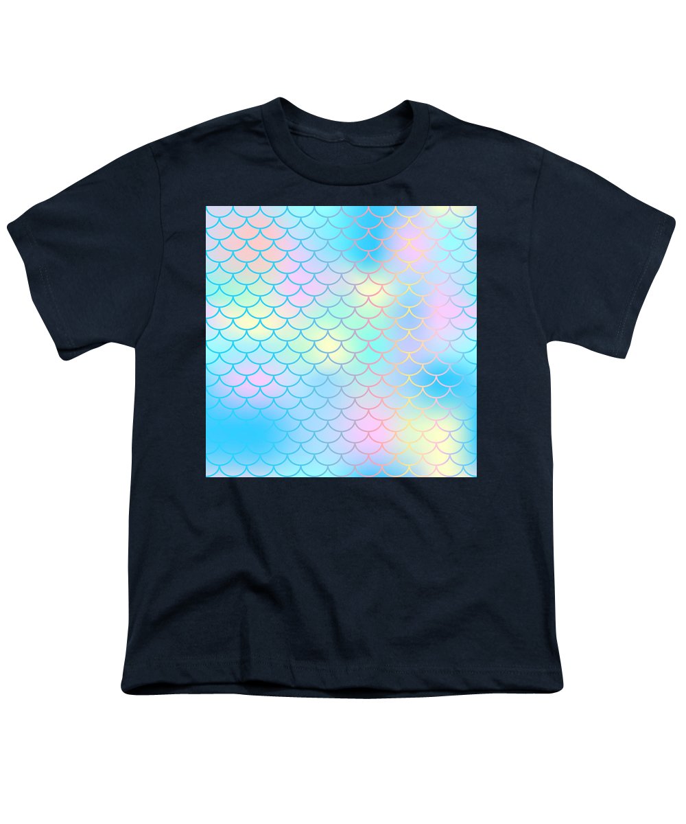 Magic mermaid tail background. Colorful seamless pattern with fish scale net. Blue pink mermaid skin surface. - Youth T-Shirt