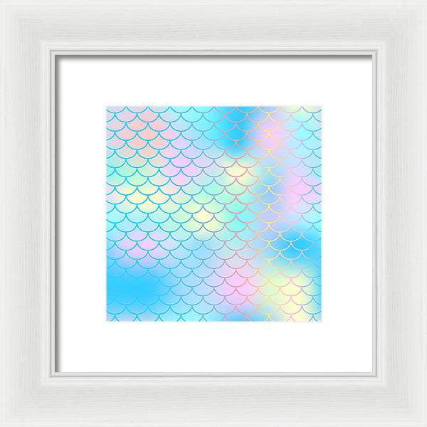 Magic mermaid tail background. Colorful seamless pattern with fish scale net. Blue pink mermaid skin surface. - Framed Print