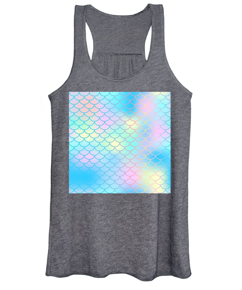 Magic mermaid tail background. Colorful seamless pattern with fish scale net. Blue pink mermaid skin surface. - Women's Tank Top