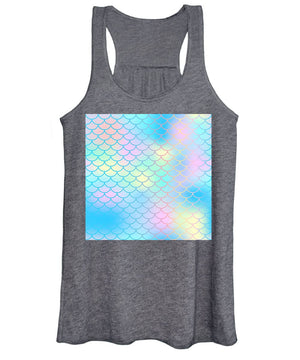 Magic mermaid tail background. Colorful seamless pattern with fish scale net. Blue pink mermaid skin surface. - Women's Tank Top