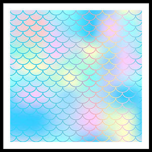 Magic mermaid tail background. Colorful seamless pattern with fish scale net. Blue pink mermaid skin surface. - Framed Print