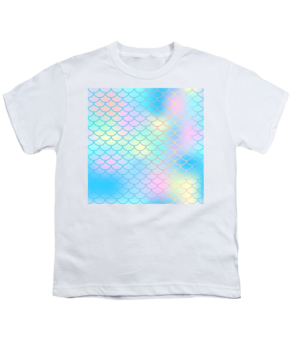 Magic mermaid tail background. Colorful seamless pattern with fish scale net. Blue pink mermaid skin surface. - Youth T-Shirt