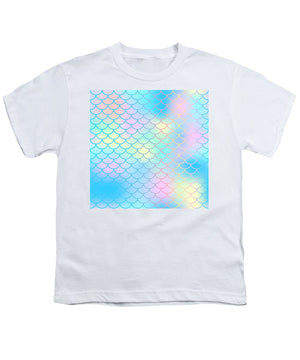 Magic mermaid tail background. Colorful seamless pattern with fish scale net. Blue pink mermaid skin surface. - Youth T-Shirt