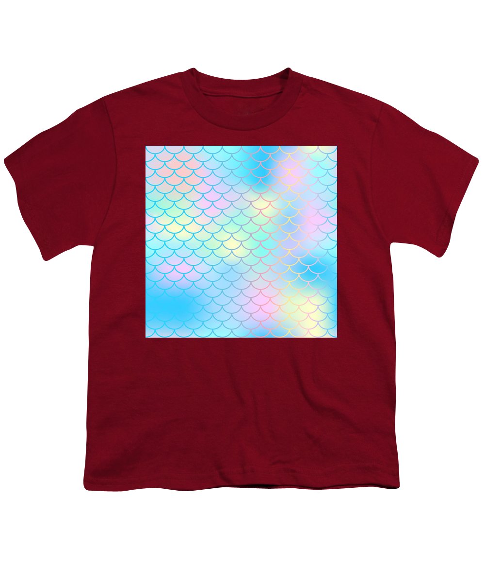 Magic mermaid tail background. Colorful seamless pattern with fish scale net. Blue pink mermaid skin surface. - Youth T-Shirt