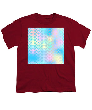 Magic mermaid tail background. Colorful seamless pattern with fish scale net. Blue pink mermaid skin surface. - Youth T-Shirt