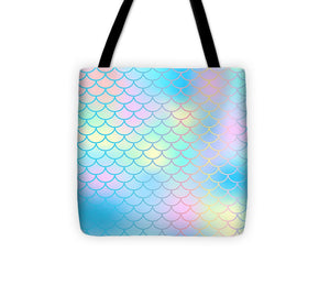 Magic mermaid tail background. Colorful seamless pattern with fish scale net. Blue pink mermaid skin surface. - Tote Bag