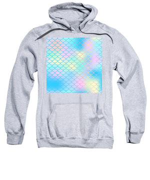 Magic mermaid tail background. Colorful seamless pattern with fish scale net. Blue pink mermaid skin surface. - Sweatshirt