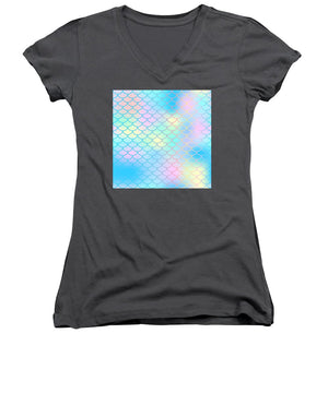 Magic mermaid tail background. Colorful seamless pattern with fish scale net. Blue pink mermaid skin surface. - Women's V-Neck