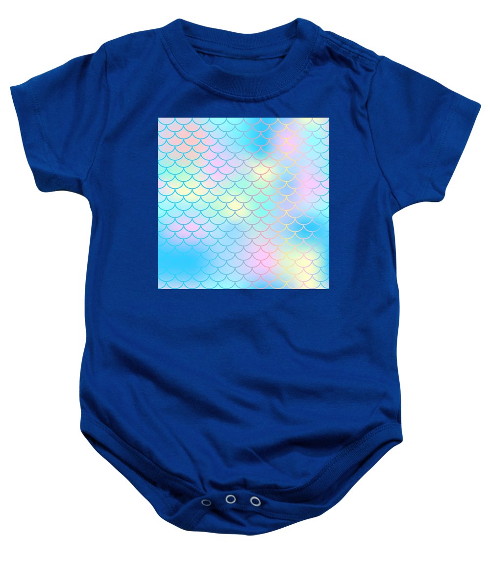 Magic mermaid tail background. Colorful seamless pattern with fish scale net. Blue pink mermaid skin surface. - Baby Onesie