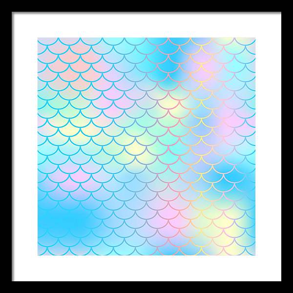 Magic mermaid tail background. Colorful seamless pattern with fish scale net. Blue pink mermaid skin surface. - Framed Print