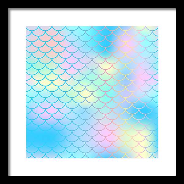 Magic mermaid tail background. Colorful seamless pattern with fish scale net. Blue pink mermaid skin surface. - Framed Print