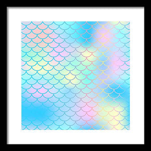 Magic mermaid tail background. Colorful seamless pattern with fish scale net. Blue pink mermaid skin surface. - Framed Print