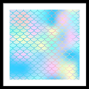 Magic mermaid tail background. Colorful seamless pattern with fish scale net. Blue pink mermaid skin surface. - Framed Print