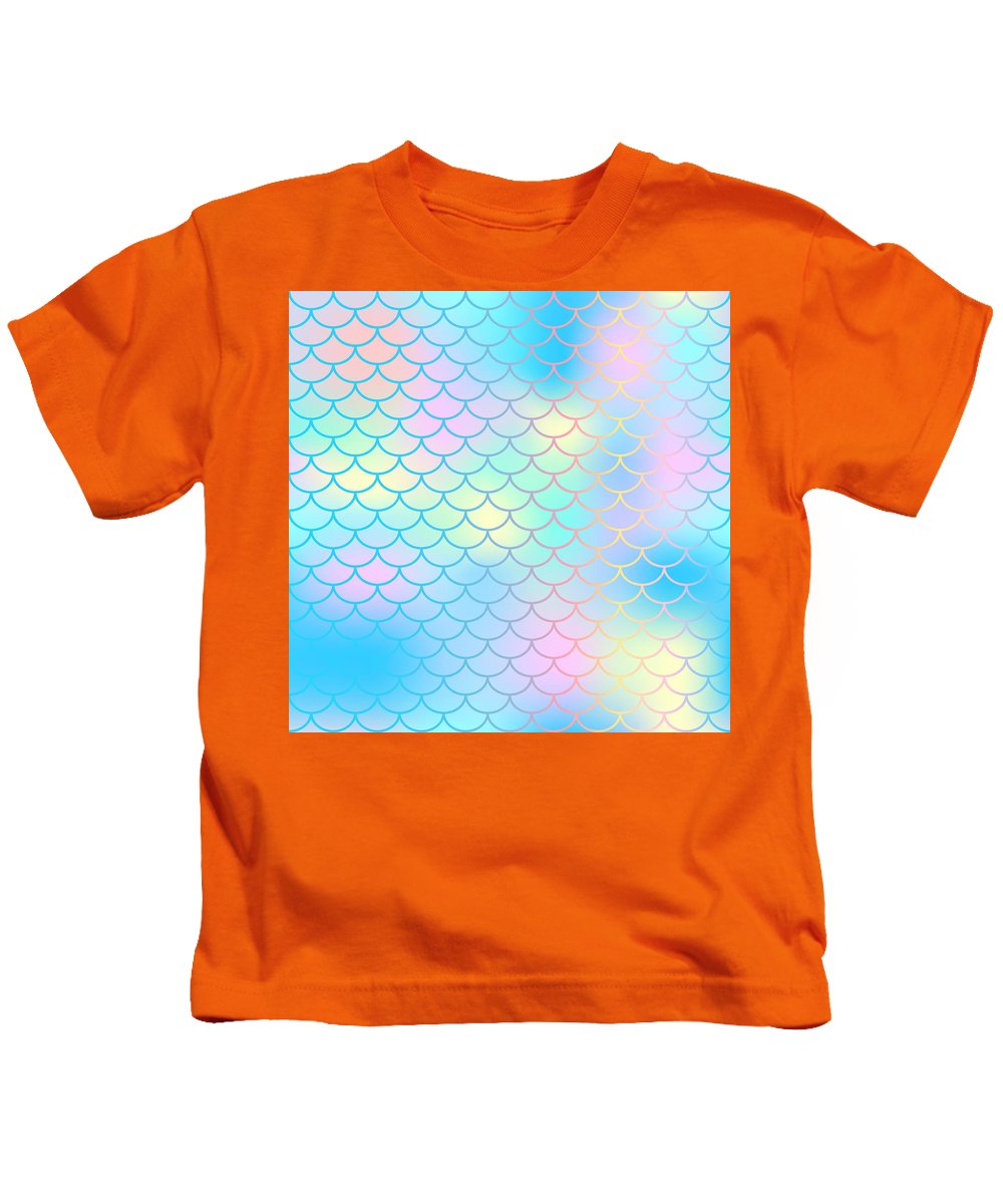 Magic mermaid tail background. Colorful seamless pattern with fish scale net. Blue pink mermaid skin surface. - Kids T-Shirt