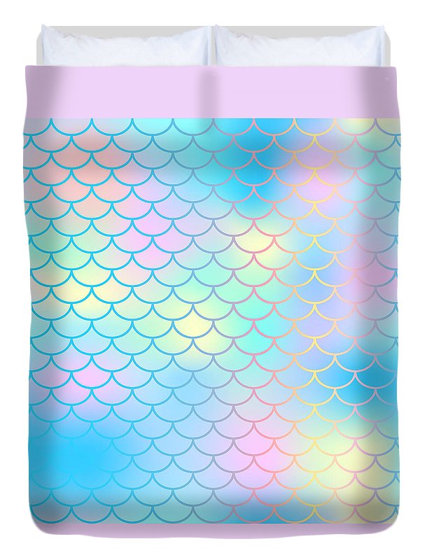 Magic mermaid tail background. Colorful seamless pattern with fish scale net. Blue pink mermaid skin surface. - Duvet Cover