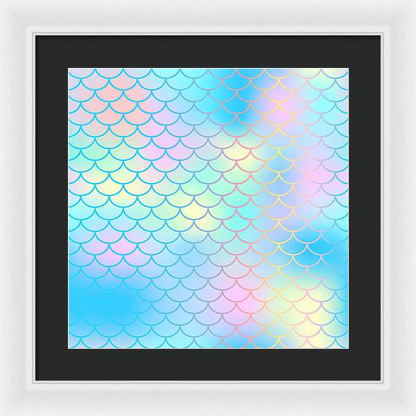 Magic mermaid tail background. Colorful seamless pattern with fish scale net. Blue pink mermaid skin surface. - Framed Print