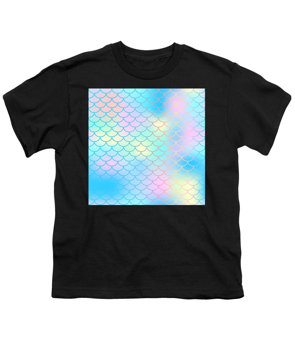 Magic mermaid tail background. Colorful seamless pattern with fish scale net. Blue pink mermaid skin surface. - Youth T-Shirt