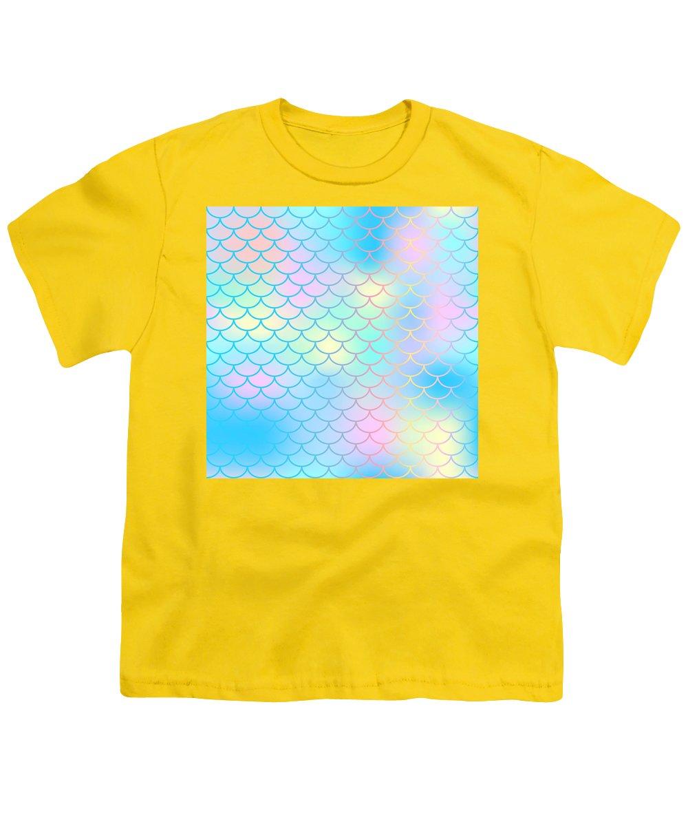 Magic mermaid tail background. Colorful seamless pattern with fish scale net. Blue pink mermaid skin surface. - Youth T-Shirt