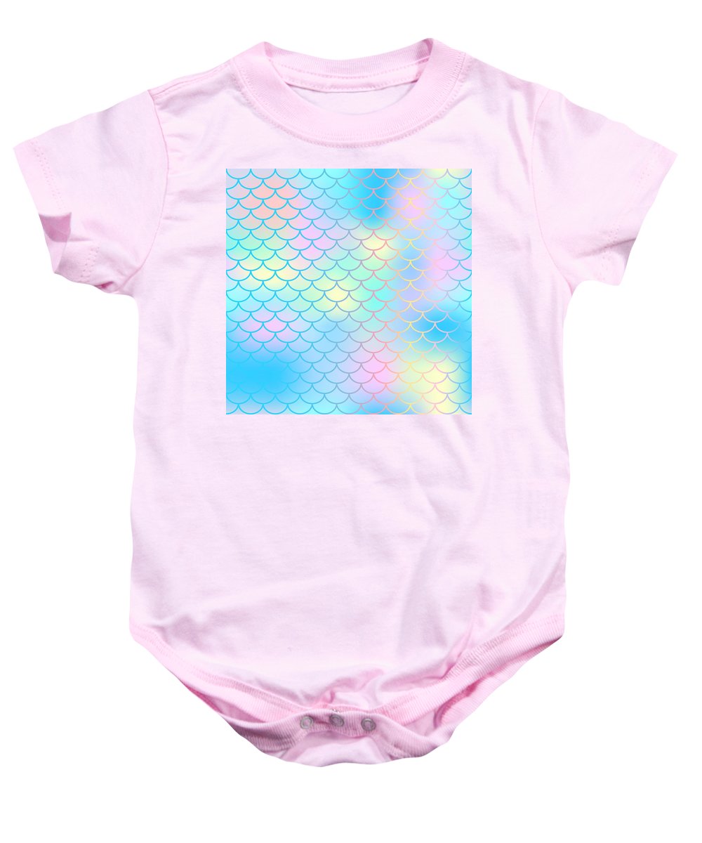 Magic mermaid tail background. Colorful seamless pattern with fish scale net. Blue pink mermaid skin surface. - Baby Onesie