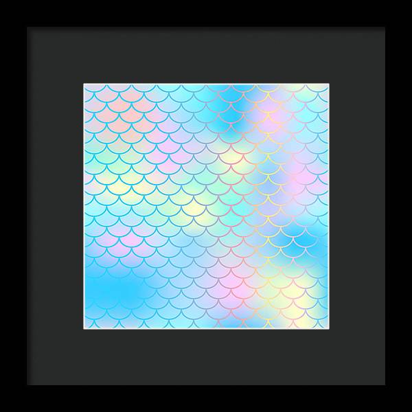 Magic mermaid tail background. Colorful seamless pattern with fish scale net. Blue pink mermaid skin surface. - Framed Print