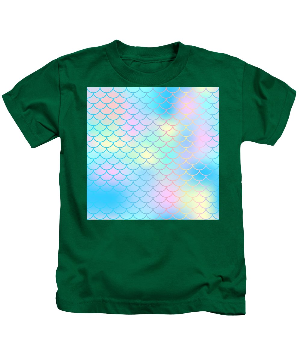Magic mermaid tail background. Colorful seamless pattern with fish scale net. Blue pink mermaid skin surface. - Kids T-Shirt
