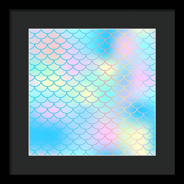 Magic mermaid tail background. Colorful seamless pattern with fish scale net. Blue pink mermaid skin surface. - Framed Print