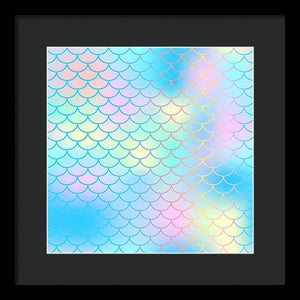 Magic mermaid tail background. Colorful seamless pattern with fish scale net. Blue pink mermaid skin surface. - Framed Print